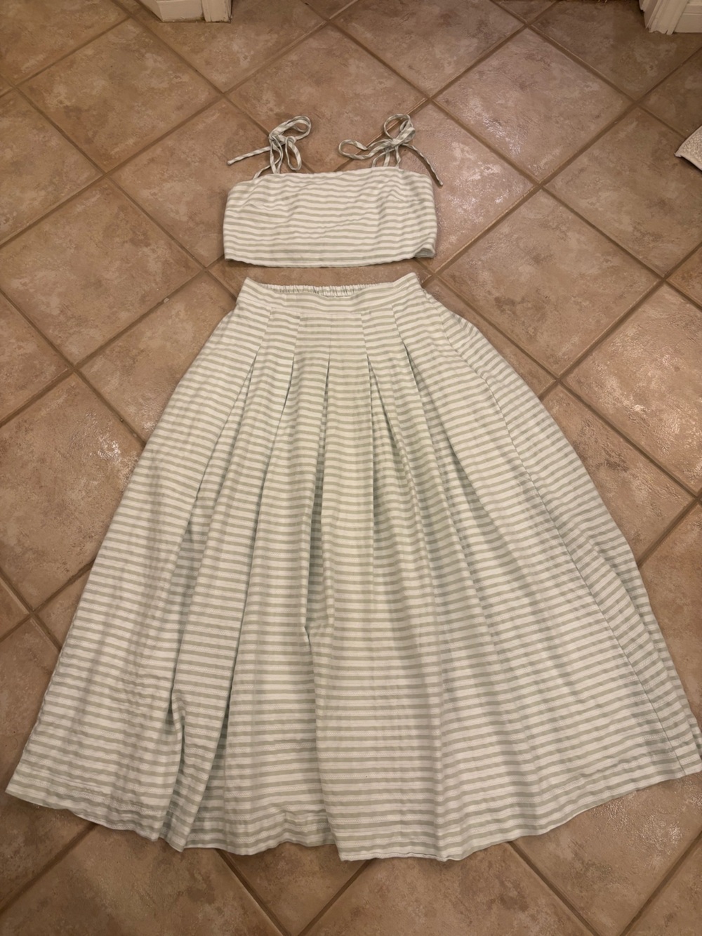 Striped Two-Piece Midi Dress in Light Green and White